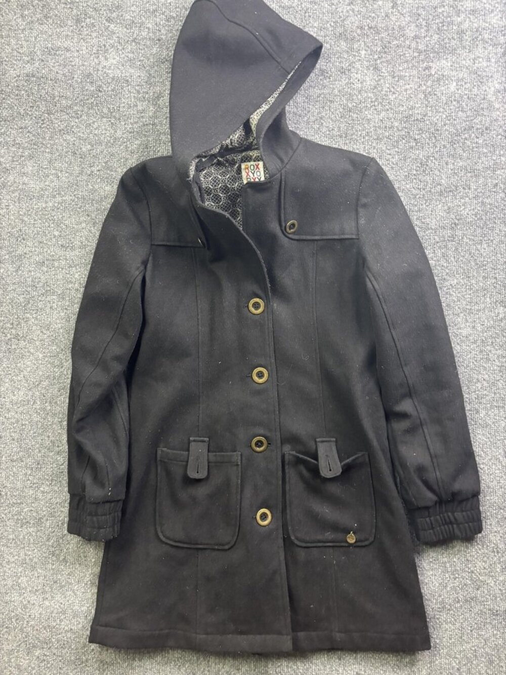 Roxy Coat‎ Womens Medium Black Hooded Wool Blend Lined Button Pockets Mid Length